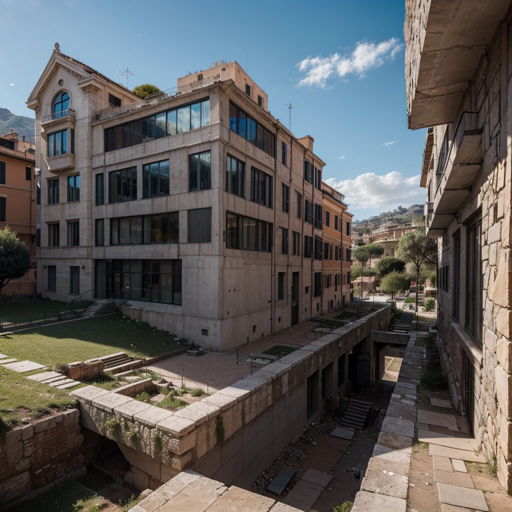 anciant rome forum building build in the rocks on the mountain with modern architecture details, dark gray colors of buildings modern details