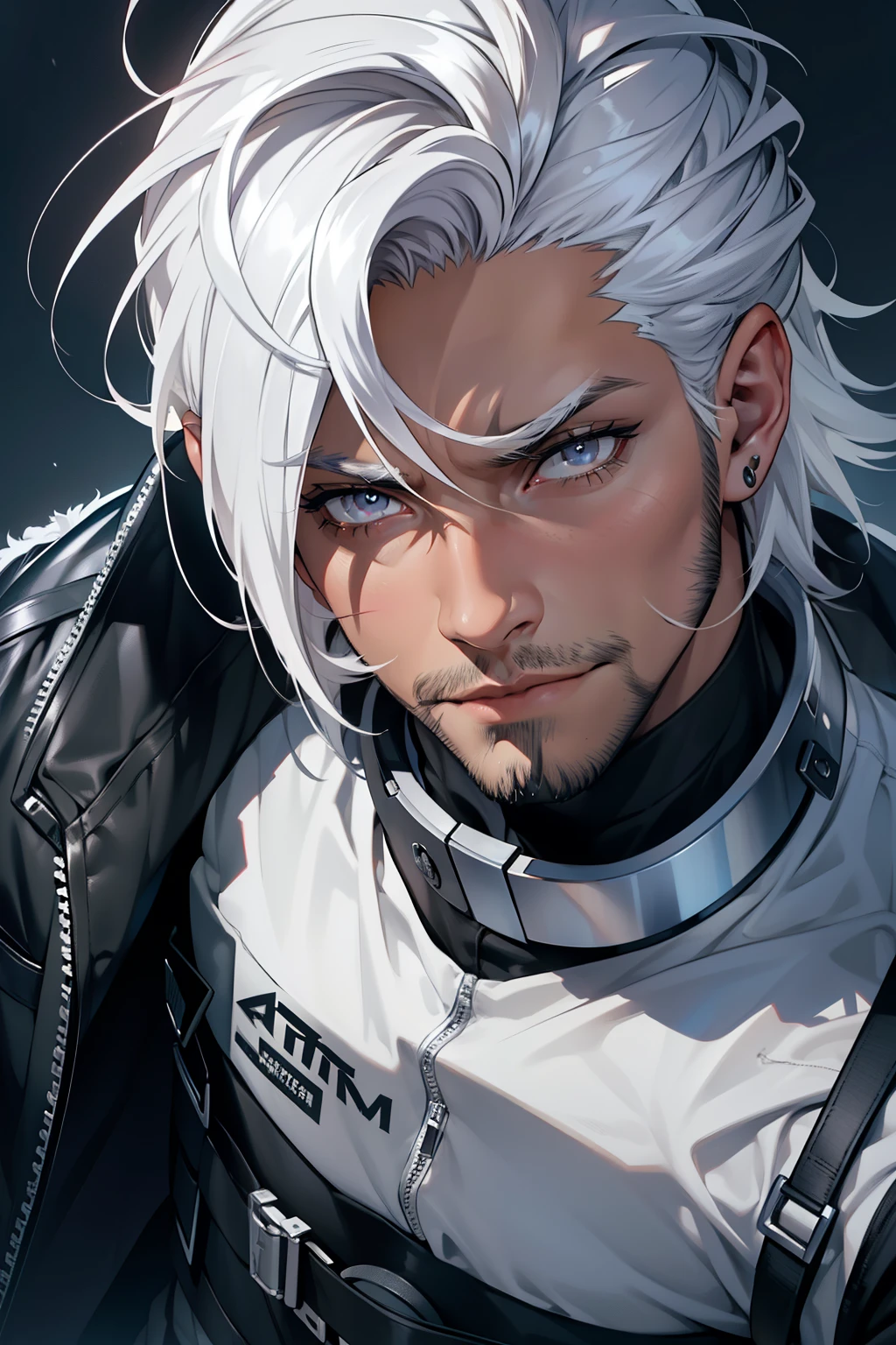 Detailed description: A 17-year-old dark-skinned male with vibrant platinum hair, styled in a sleek, contemporary manner (Platinum Hair: 1.2). His features are sharply defined, with a strong jawline and pronounced cheekbones (Masterpiece: 1.2). His eyes, a striking contrast to his hair, are deep-set and expressive, framed by thick, long lashes (Ultra-detailed eyes: 1.2). A trace of stubble adorns his chin, adding to his matured, rugged appeal (Stubble: 1.2).
His attire is casual yet stylish, with a fitted