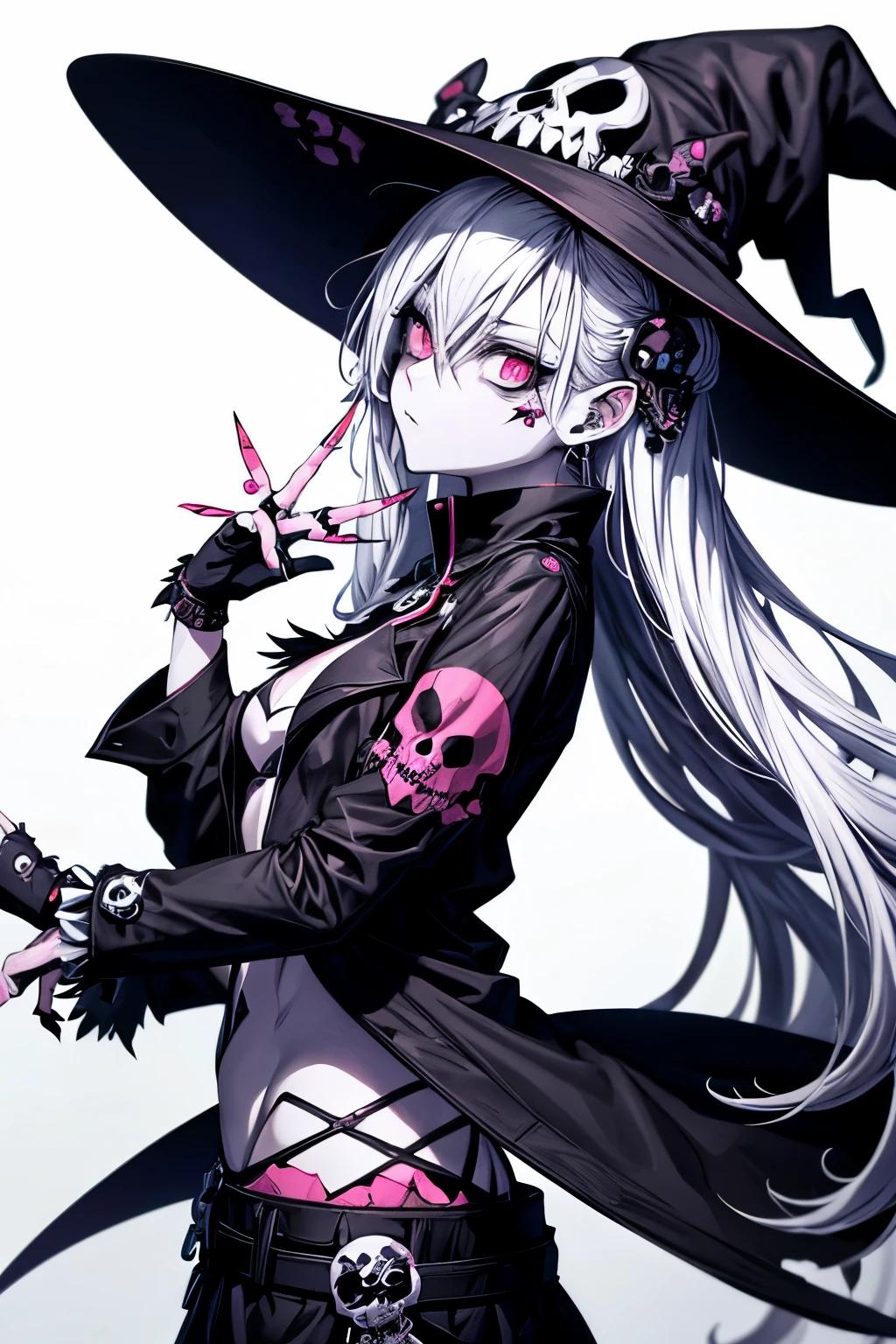 anime zombie witch design, crossbones, skulls, street wear design, pro vector, Horror style, full design, 6 colors only, solid colors, no shadows, full design, sticker, bright colors, white background.