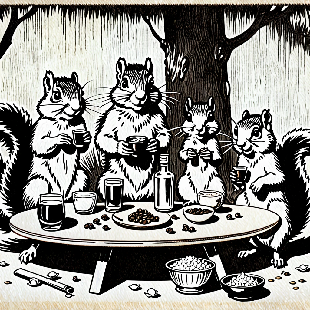 4 Squirrels, drunk, vintage, pencil draw, gathering, table with a bottle of rum in the middle, (Squirrel 1 holding a peanut), (squirrel 2 holding shredded coconut), (squirrel 3 holding raisins), (squirrel 4 holding a sack of flour), sitting with glasses of rum and ice