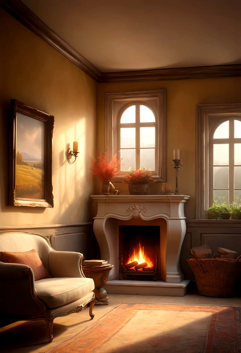 The room is warm and inviting, with a crackling fireplace casting a gentle glow. Sunlight streams through a nearby window, illuminating dust particles in the air. In the background, a framed painting of a serene landscape hangs on the wall, adding to the peaceful atmosphere of the scene.]