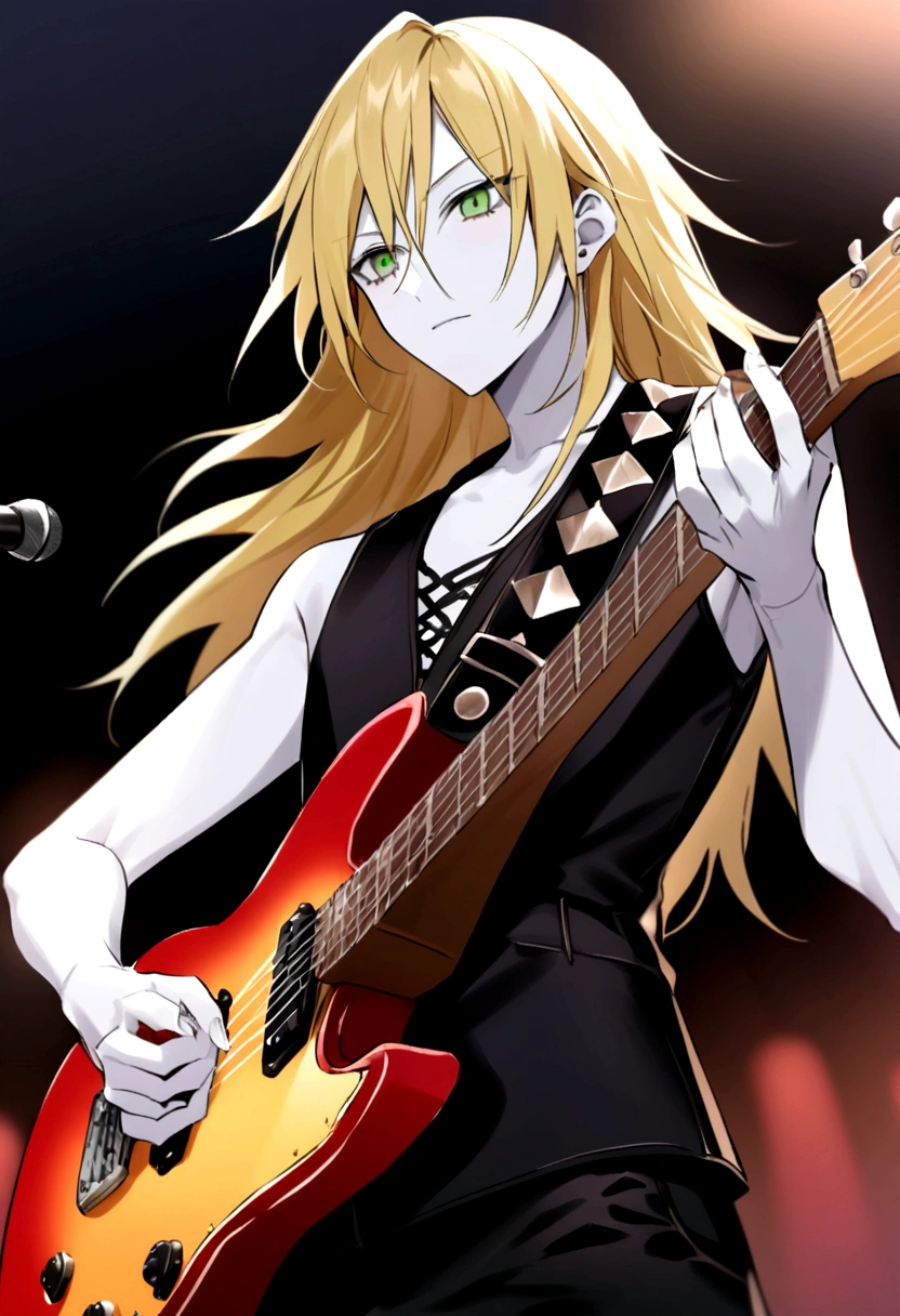 Axel rose,Nice man,White skin,long blonde hair,young,green eyes,Teenage face, Skinny body(Normal) with an electric guitar,in a rock band playing,at a guitarist concert