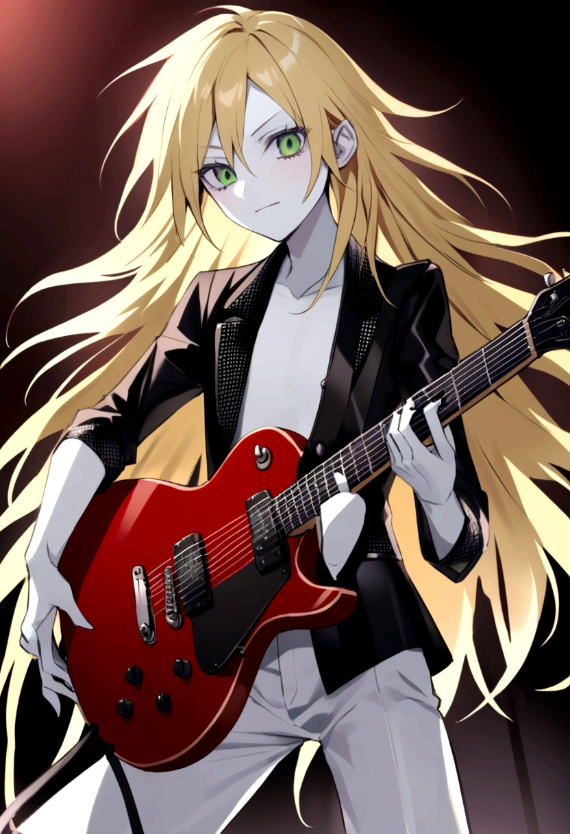 Axel rose,Nice man,White skin,long blonde hair,young,green eyes,Teenage face, Skinny body(Normal) with an electric guitar,in a rock band playing,at a guitarist concert