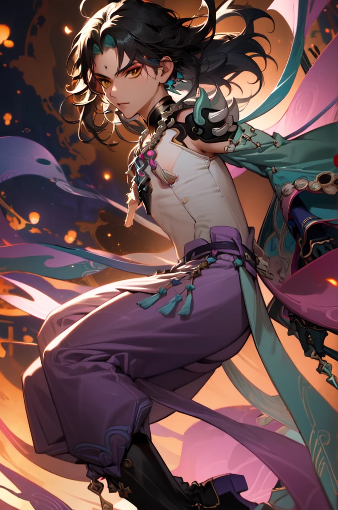 1 adult male solo,xiao \(genshin impact\), 1boy, male focus, short dark teal hair, yellow eyes, white sleeveless shirt, necklace, green tattoo on arm, detached white sleeve, black gloves, wide blue pants, black boots, pink and purple clothes details, black shoulder armor with spikes,