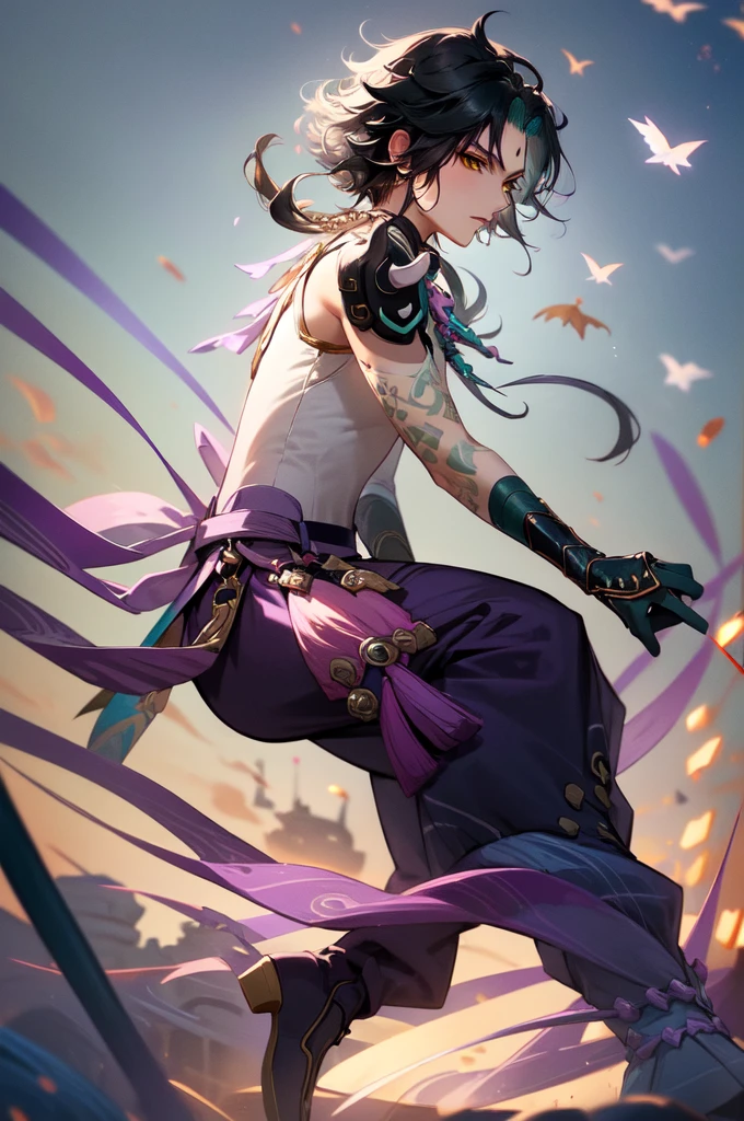 1 adult male solo,xiao \(genshin impact\), 1boy, male focus, short dark teal hair, yellow eyes, white sleeveless shirt, necklace, green tattoo on arm, detached white sleeve, black gloves, wide blue pants, black boots, pink and purple clothes details, black shoulder armor with spikes,
