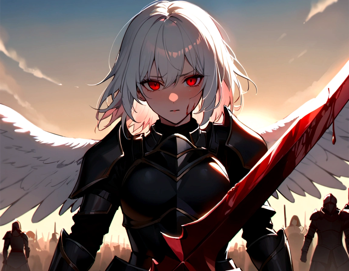 make me a female, white short hair, red eyes, angel wings, bloody sword, she's covered in blood, armor, battlefield behind her