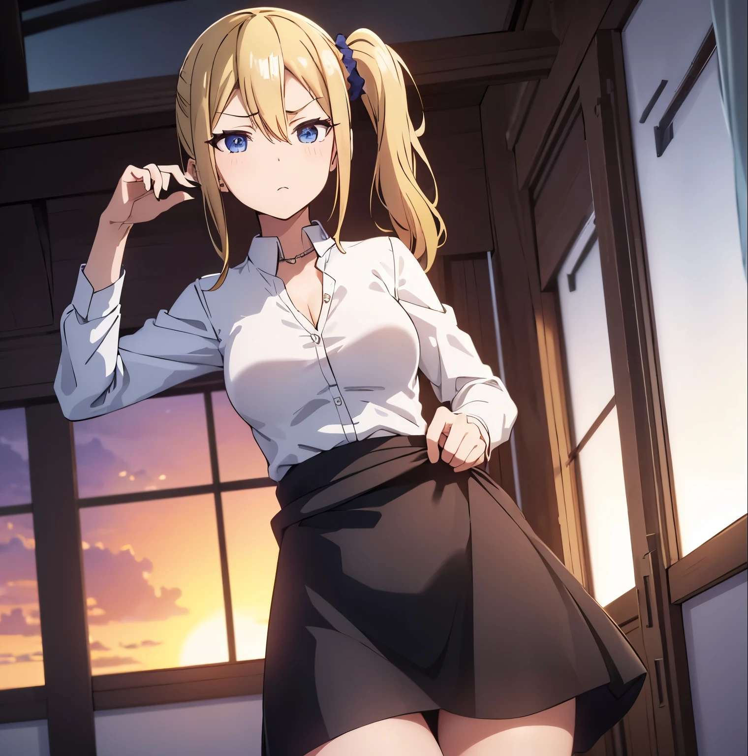 1girl,alone, Ai Hayasaka,masterpiece,best quality,high resolution,ultra detailed,dynamic pose,cowboy shot,detailed eyes,perfect fingers,looking at viewer,perfect body,blue scrunchie,side ponytail,hair between eyes , blue eyes, blonde hair, hair ornament, medium breasts, narrow waist, wide hips, wide thighs, round butt, , white collared shirt, clothes around the waist, bangs, black socks, black vest , long hair, long sleeves, cardigan, side locks, black knee-high stockings, dress shirt, necklace, collarbone, black dress, jewelry, black sweater, )),(dress lift:1.4),(black panties:1.2 ),(interior, school classroom, window, sunset), (standing),tears, frowning, looking forward,((focus on breasts)),pov(from middle),perfect anatomy,perfect hands