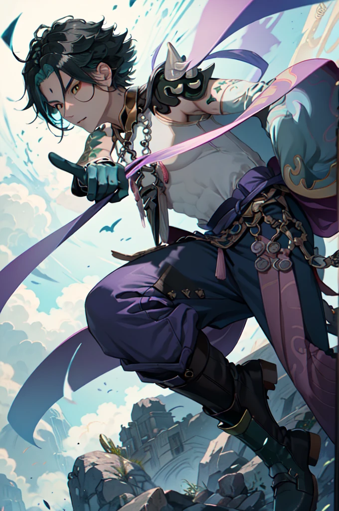 1 adult male solo,xiao \(genshin impact\), 1boy, male focus, short dark teal hair, yellow eyes, white sleeveless shirt, necklace, green tattoo on arm, detached white sleeve, black gloves, wide blue pants, black boots, pink and purple clothes details, black shoulder armor with spikes,