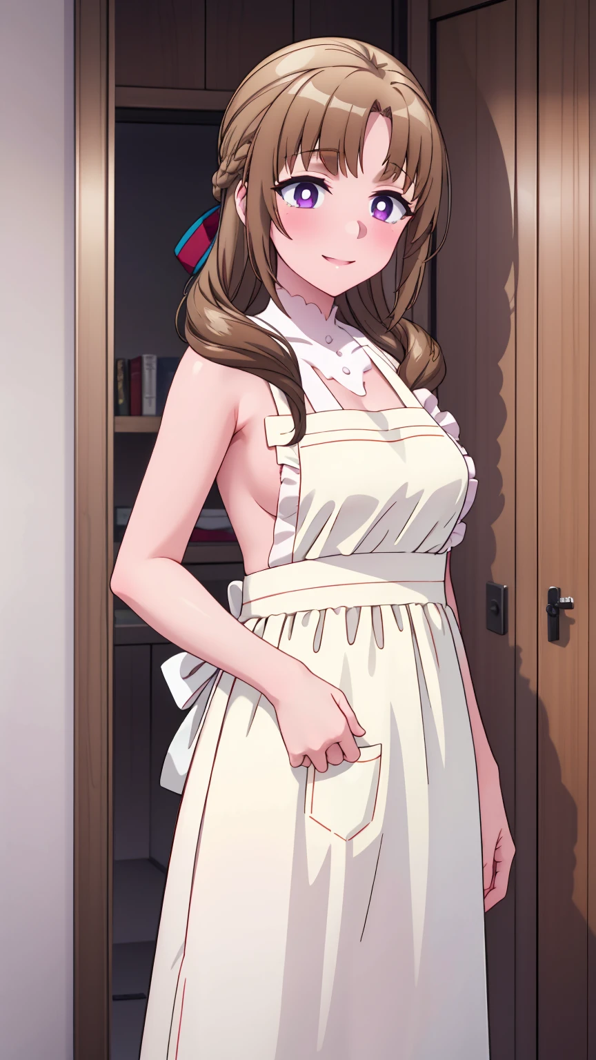 masterpiece, (best quality), 8k uhd, girl, (mamako oosuki), (naked),brown hair, long hair, (hair down), purple eyes, mature female, white shirt, pants, sweater, big breasts, ribbon, sexy woman, smile, (suspender naked apron), apron only,embarrassed, blush,  bare shoulders, vibrant colors , natural lighting, beautiful, (detailed face:1.2), showcase, (perfect eyes:1.1) , (photorealistic:1.1),  looking at viewer, outdoors