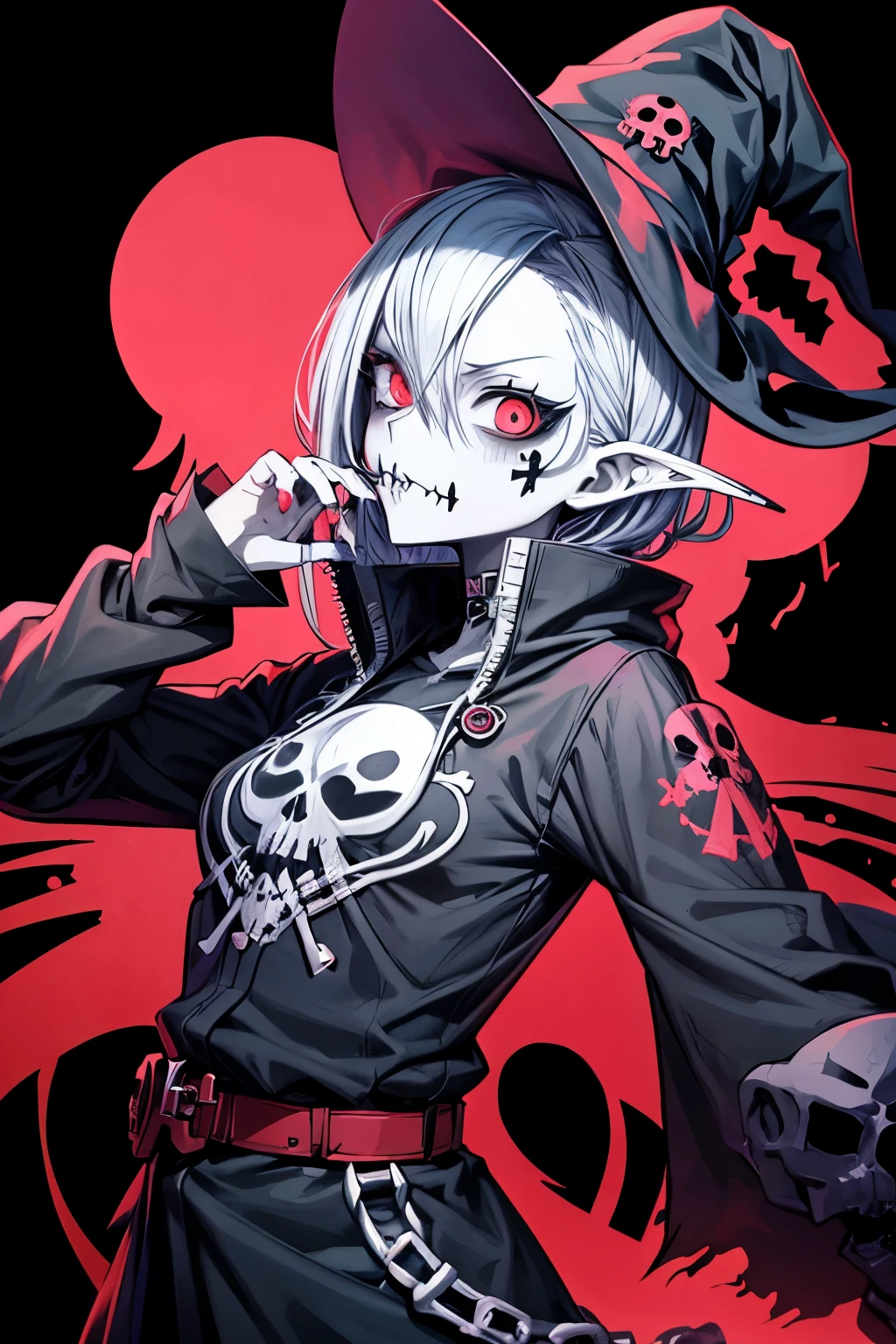 anime zombie witch design, crossbones, skulls, street wear design, pro vector, Horror style, full design, 6 colors only, solid colors, no shadows, full design, sticker, bright colors, white background.