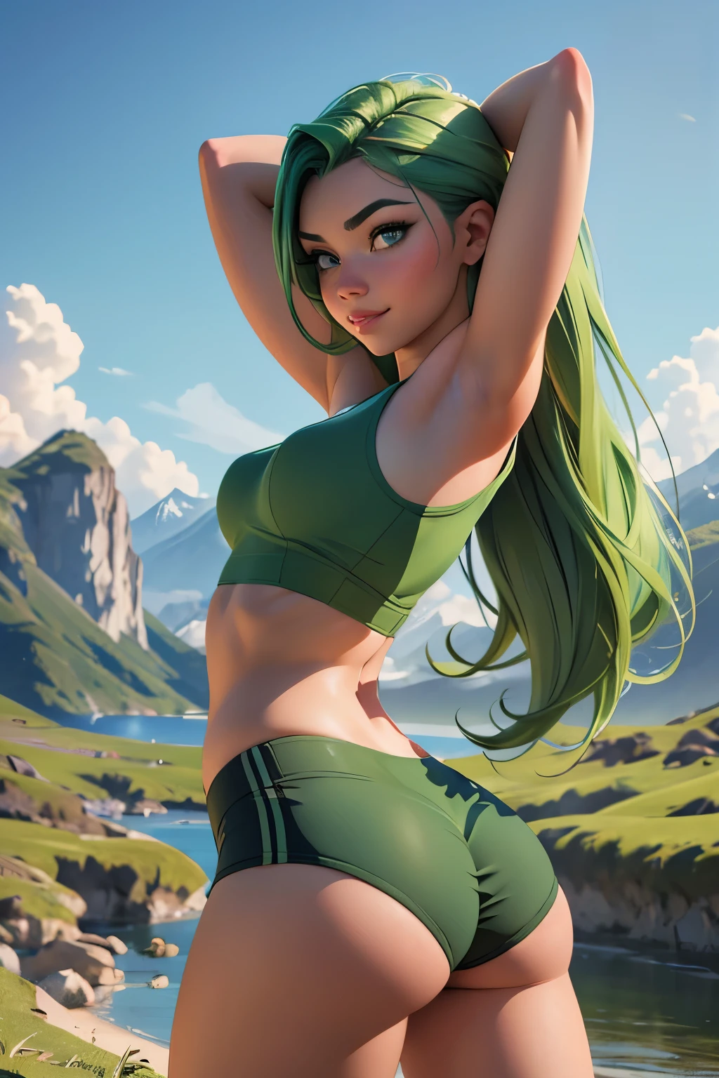 Masterpiece, raw, beautiful art, professional artist, 8k, very detailed face, very detailed hair, 1girl, Kim Possible, wearing green crop top and booty shorts, no labels, no branding, cameltoe, exercising, stretching, yoga poses, in a tranquil mountain dojo, perfectly drawn body, beautiful face, long hair, very detailed eyes, smiling, rosey cheeks, green hair, intricate details in eyes, puckered lips, perfect fit body, beautiful body, extremely detailed, intricate details, highly detailed, sharp focus, detailed skin, realistic skin texture, texture, detailed eyes, high resolution, kodak vision color, foto_\(ultra\), post-processing, maximum detail, roughness, real life, ultra realistic, photorealism, photography, absurdres, RAW photo, highest quality, high detail RAW color photo, professional photo, extremely detailed UHD 8k wallpaper unit, best quality, highres, (masterpiece, top quality, high resolution:1.4), photo, cinematic, film grain, sharp, soft natural light, magic photography, super detailed