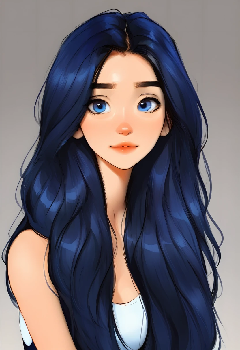portrait of a cute woman, long hair, dark blue hair color, blue eyes, White background, webtoon style