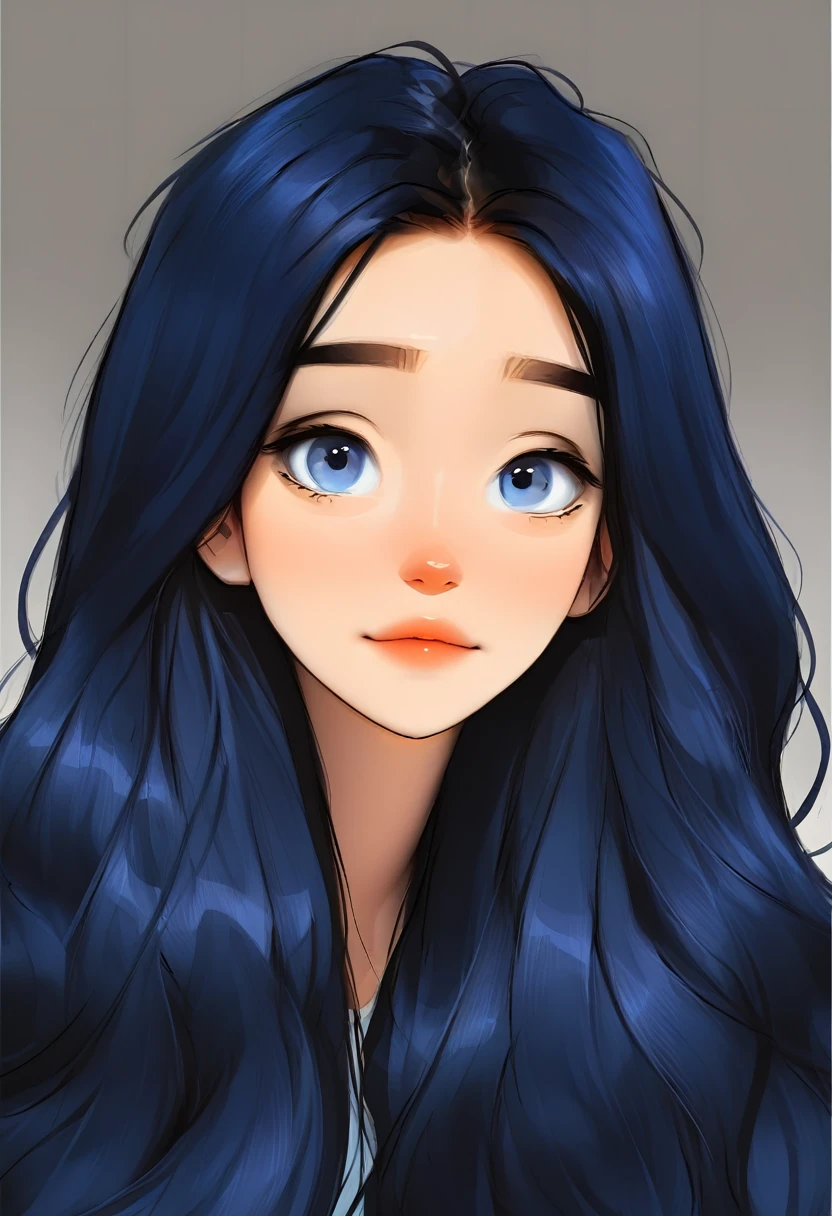 portrait of a cute woman, long hair, dark blue hair color, blue eyes, White background, webtoon style