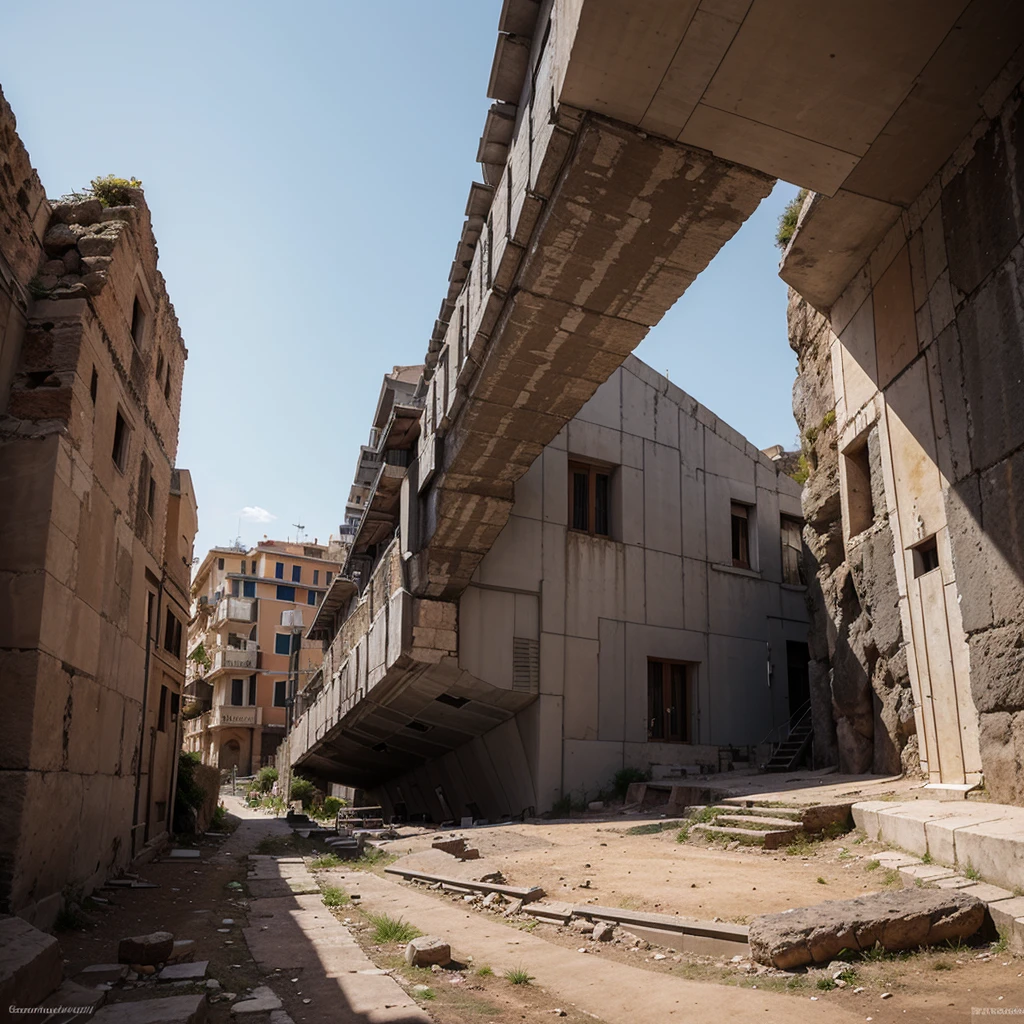 anciant rome forum building build in the rocks on the mountain with modern architecture details, dark gray colors of buildings modern details 