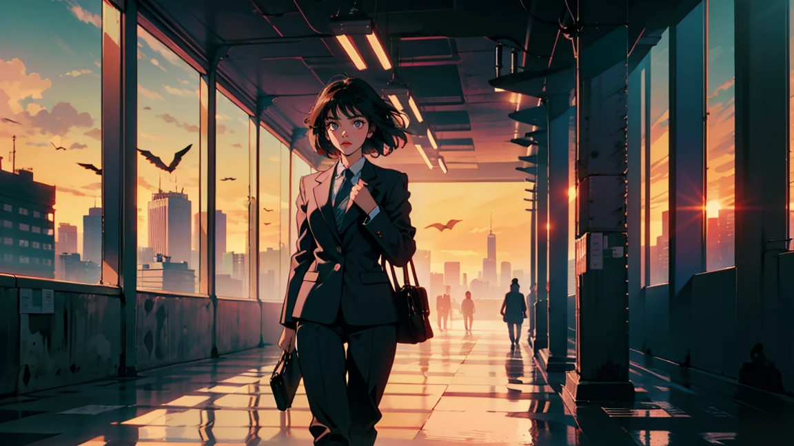 morning, Woman commuting to work, Hurry, Panic, new york, skyscraper, Asian Woman, , Perfect Face, Looking Away, Office Suits, (Backlight: 1.1), A scene from a movie, Soft Shadows, masterpiece, Highest quality, Complex, Model shooting style, Vintage, Film Grain, Wide Shot
