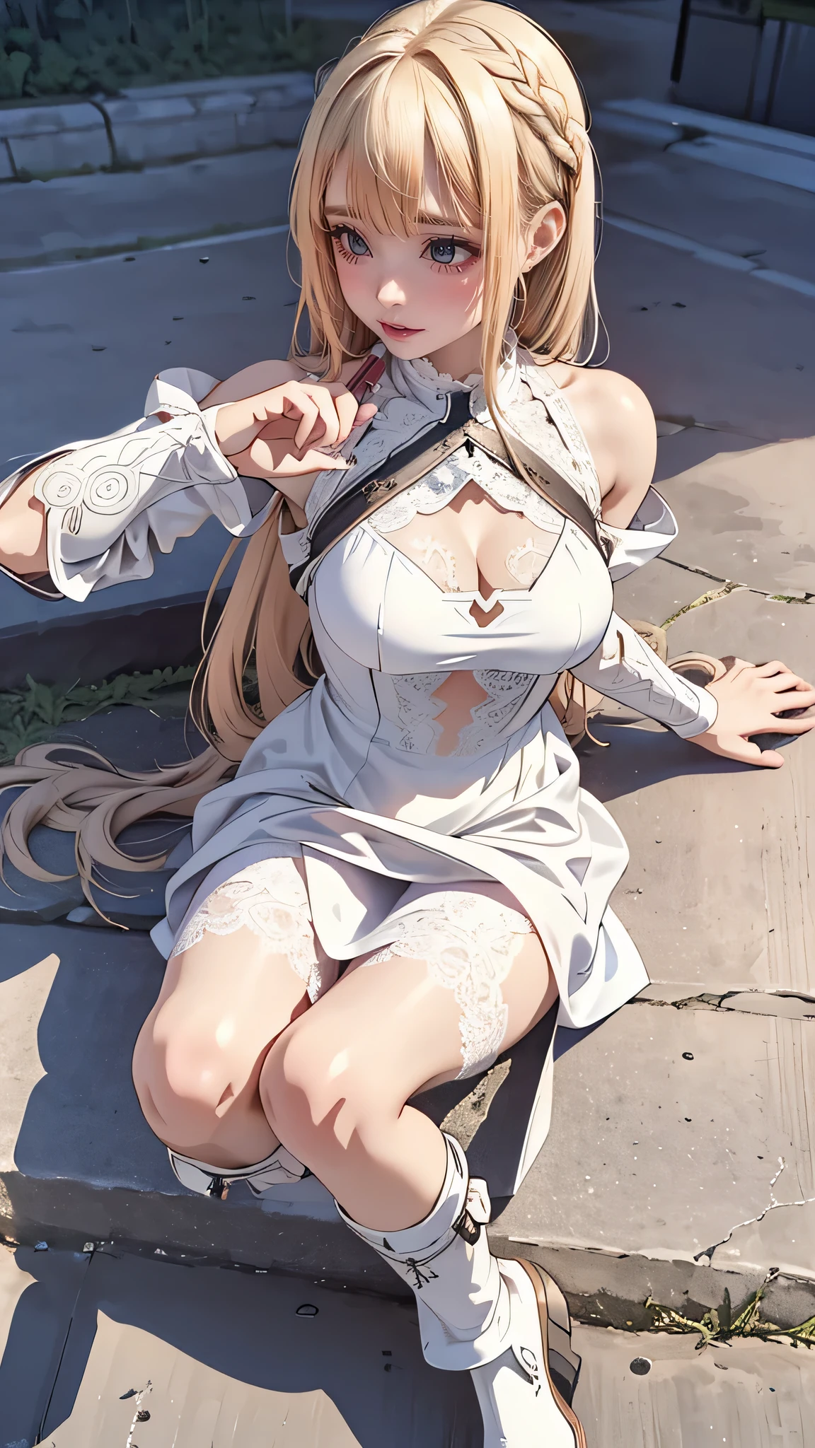 (dynamic fighting pose),(leather boots,(asymmetrical mecha armor),(long embroidered white lace dress,see through,lift up the hem of the dress)),(random hairstyle),(Thin type:1.8),(large breasts),(Highest image quality,(8K), Ultra-realistic, Best Quality, High quality, High Definition, high quality texture, high detailing, Beautiful detailed, fine detailed, extremely details CG, Detailed texture, realistic representation of face, masterpiece, presence)