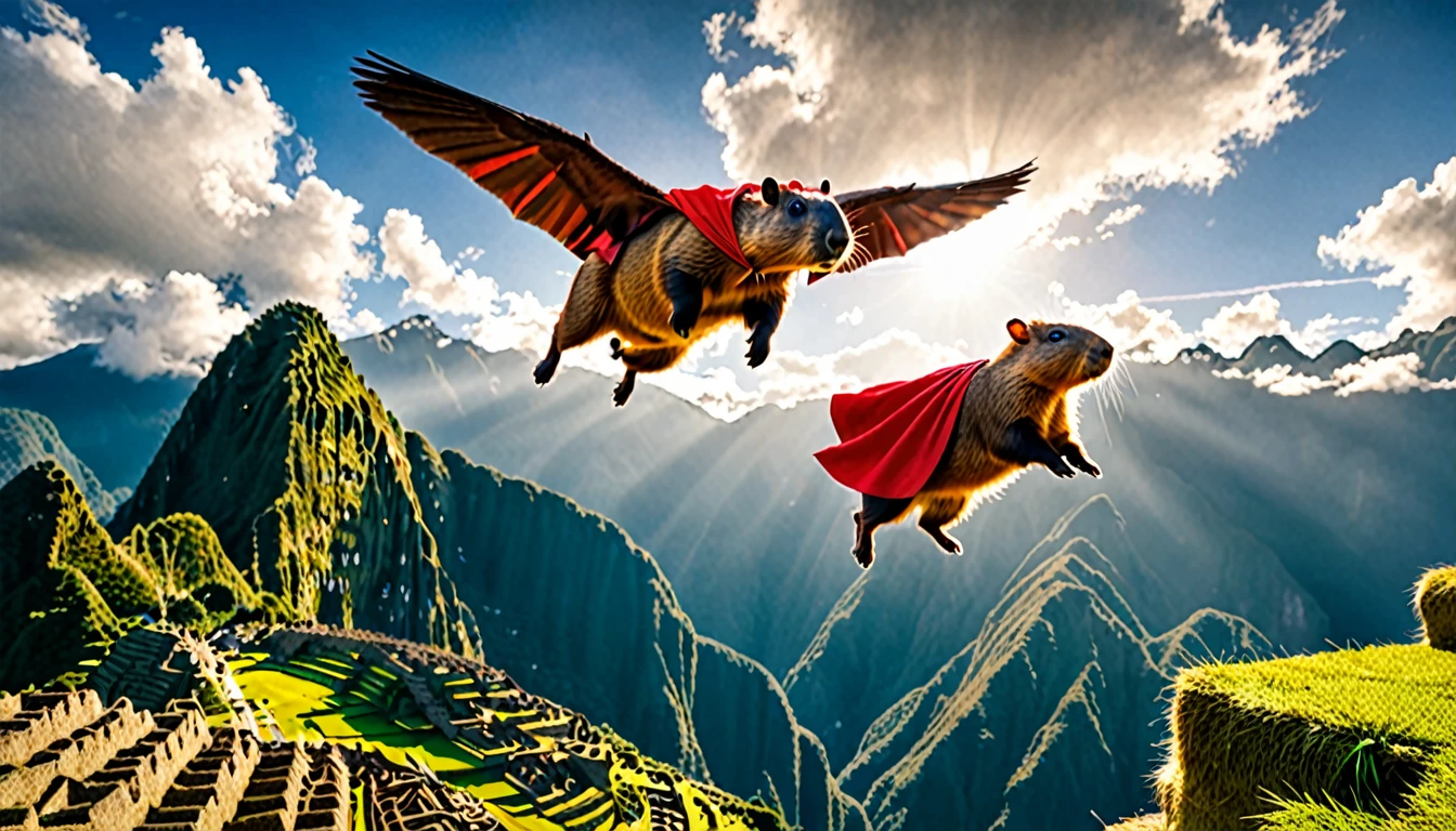 photo of a flying superhero capybara in red cape fetching flying guinea pigs mid air above Machu Picchu, highly detailed, cinematic lighting, dramatic composition, 4k, masterpiece, flying