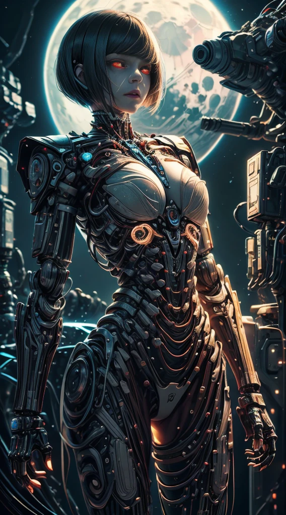 Realistic, perfect masterpiece, high quality, high resolution, highest image quality, 8k hd. 1girl, black bobcut hair, red eyes, glowing eyes, . Cybernetic suit, masks. Night, moon, destuction on the background. Highly detailed background