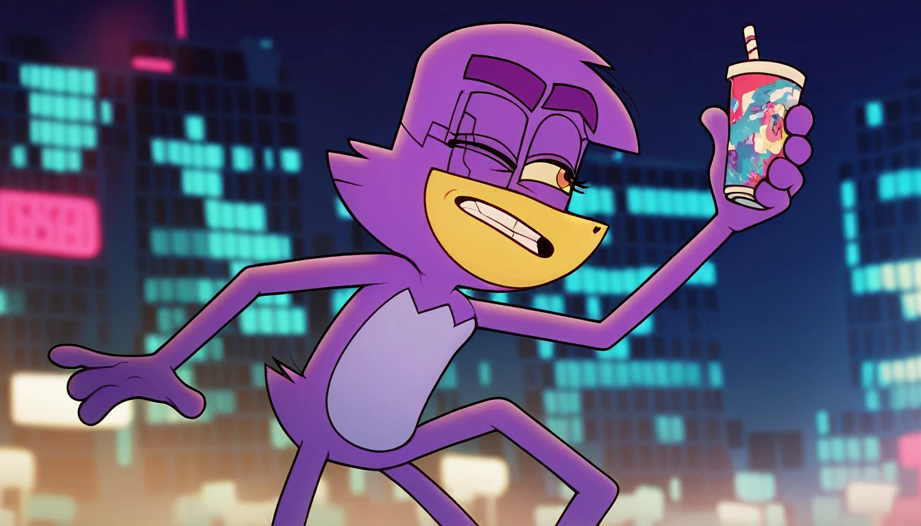 badmascot, solo, 1girl, pokemon (creature), cyberpunk, city, night, neon, mascot, full-size, score_9, score_8_up, score_7_up, score_6_up, score_5_up, score_4_up, female