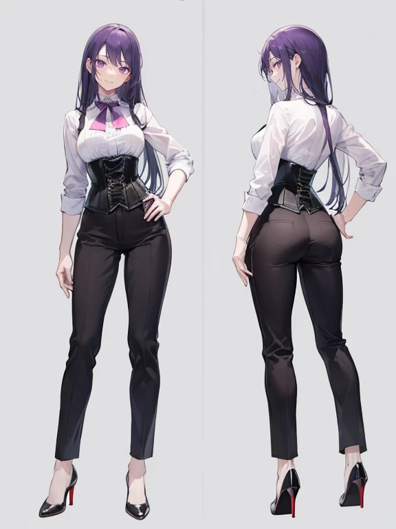 purple,long hair,woman,suit,Shirt with rolled up sleeves,(corset),pants,high heels,,simple background,smile,whole body,full body,full body,Standing picture,vtuber,upright,,Standing upright with face and body facing forward,