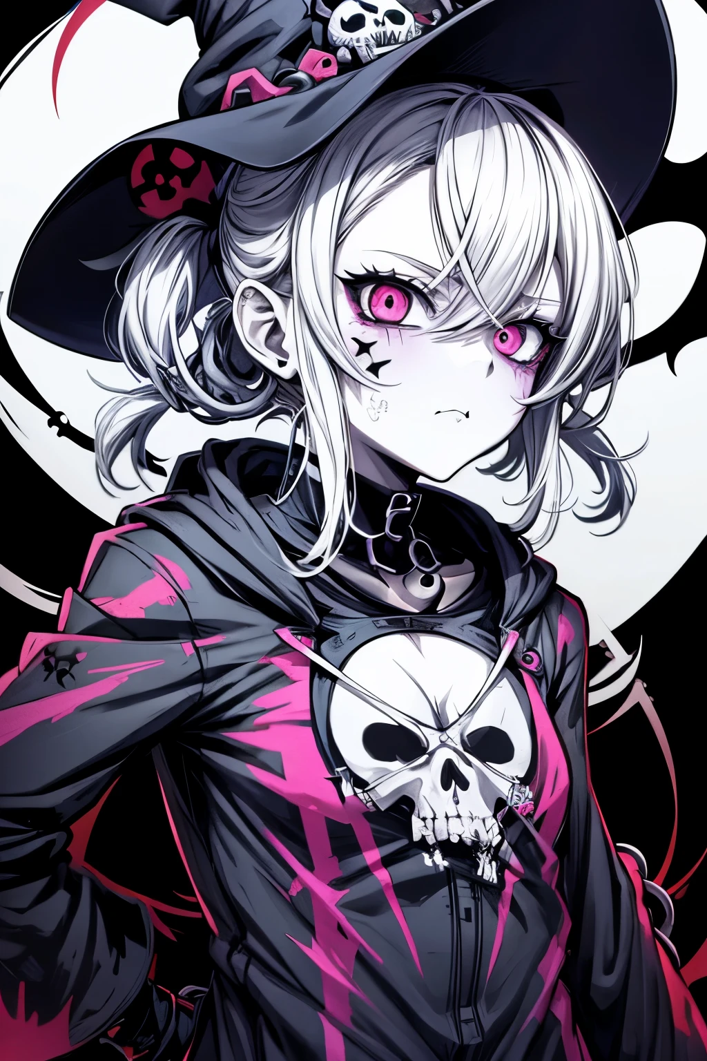 anime zombie witch design, crossbones, skulls, street wear design, pro vector, Horror style, full design, 6 colors only, solid colors, no shadows, full design, sticker, bright colors, white background.