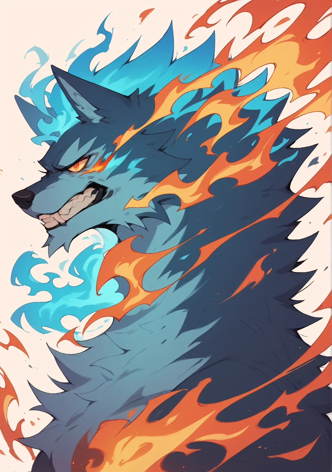 
Create a detailed image of a wolf with blue fur. The wolf should be surrounded by flames that are also blue, as if its body is imbued with blue fire. The flames should look natural and blend harmoniously with the wolf's fur. The wolf's expression should be fierce and imposing, with bright eyes that highlight its powerful nature. The background of the image should be a dark setting to contrast with the blue flames' glow.