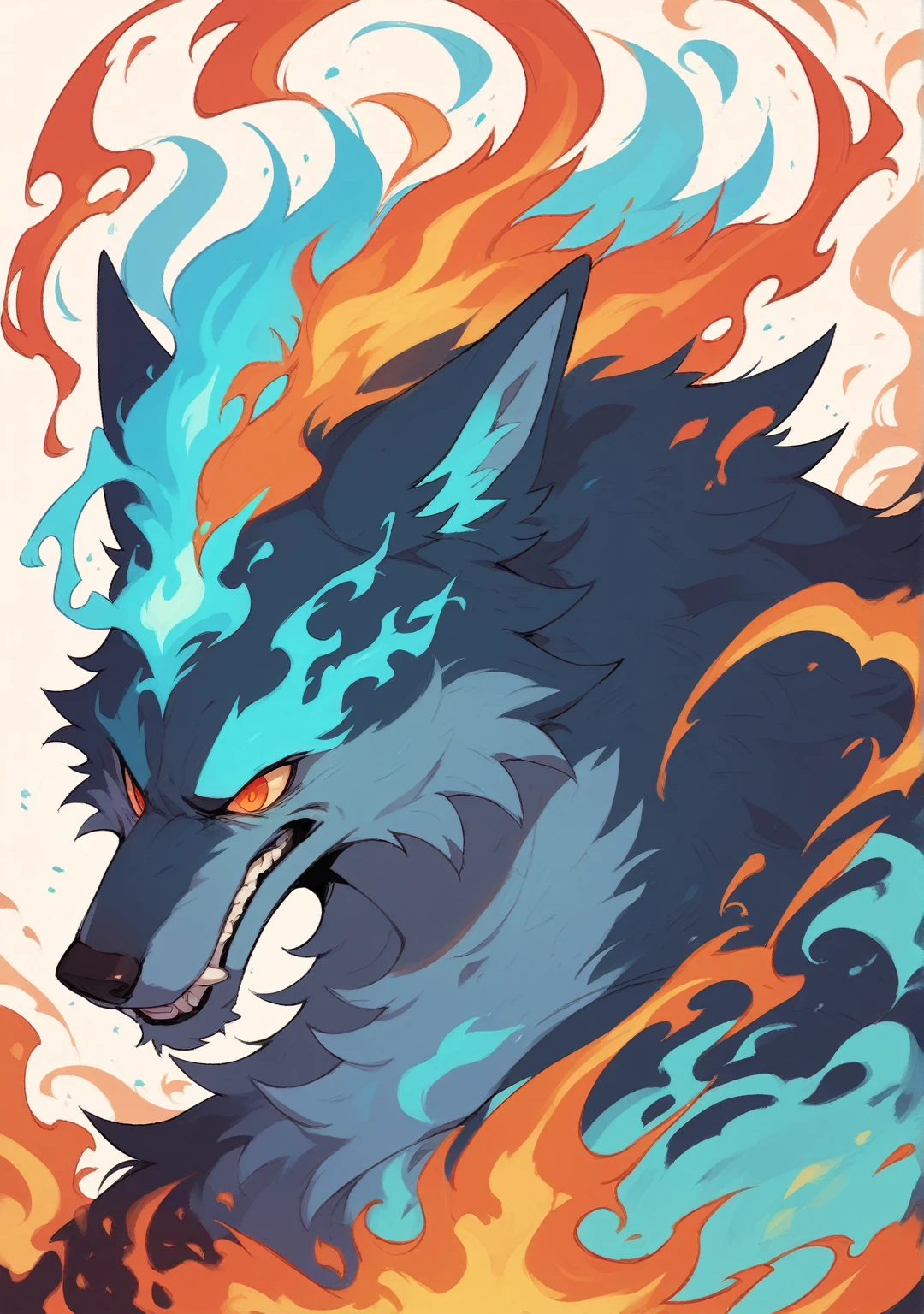 
Create a detailed image of a wolf with blue fur. The wolf should be surrounded by flames that are also blue, as if its body is imbued with blue fire. The flames should look natural and blend harmoniously with the wolf's fur. The wolf's expression should be fierce and imposing, with bright eyes that highlight its powerful nature. The background of the image should be a dark setting to contrast with the blue flames' glow.