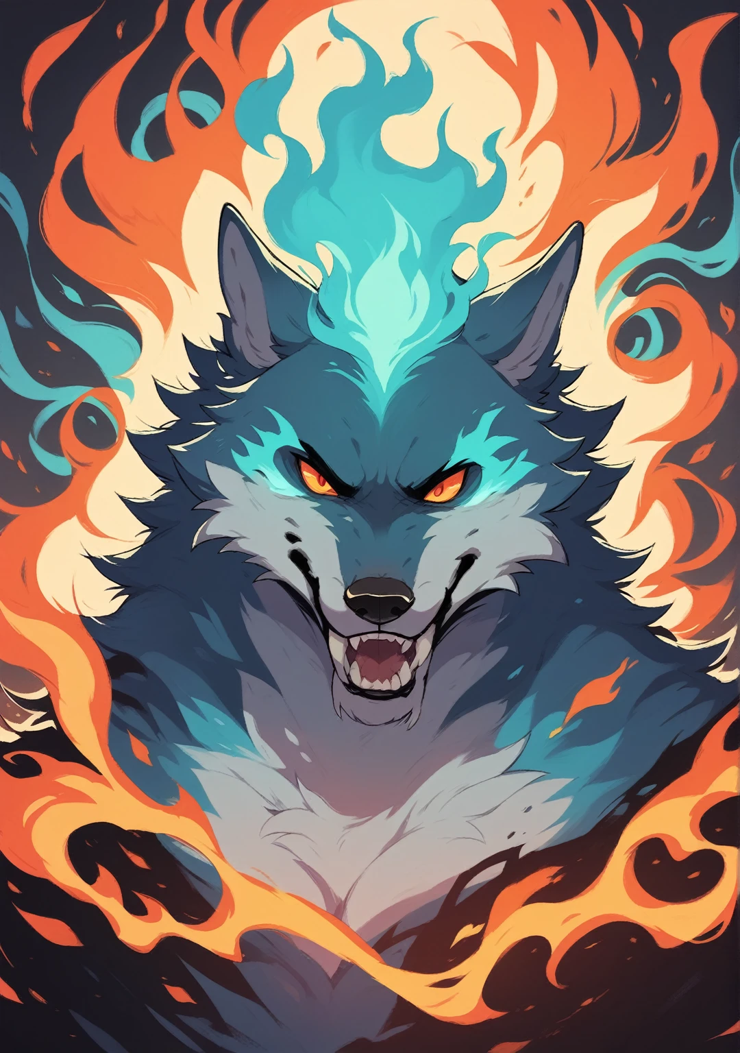 
Create a detailed image of a wolf with blue fur. The wolf should be surrounded by flames that are also blue, as if its body is imbued with blue fire. The flames should look natural and blend harmoniously with the wolf's fur. The wolf's expression should be fierce and imposing, with bright eyes that highlight its powerful nature. The background of the image should be a dark setting to contrast with the blue flames' glow.