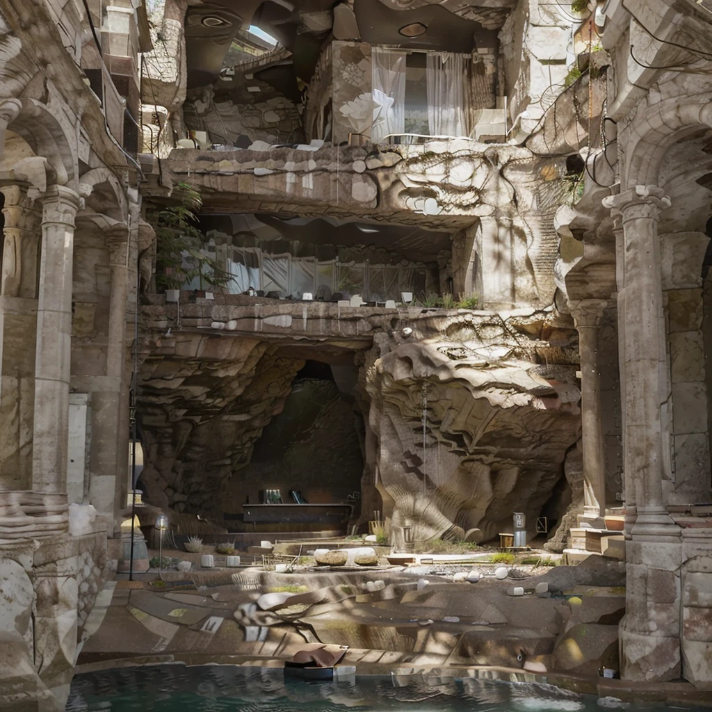 anciant rome forum building build in the rocks on the mountain with modern architecture details, dark gray colors of buildings modern details 