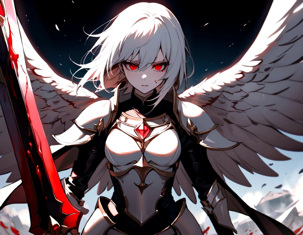 make me a female, white short hair, red eyes, angel wings, bloody sword, she's covered in blood, armor, battlefield behind her