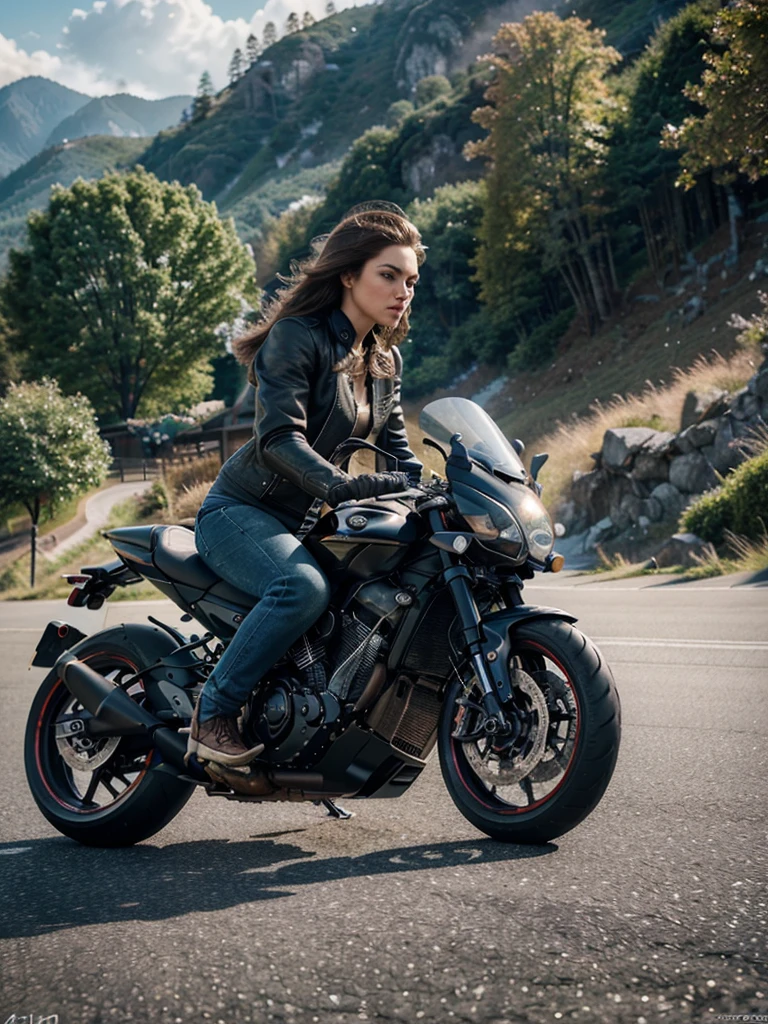 a woman riding a racing motorcycle, profile view, detailed background of a winding road, beautiful detailed eyes, beautiful detailed lips, extremely detailed face, long eyelashes, dynamic pose, leather jacket, wind blowing hair, high speed motion blur(best quality,4k,8k,highres,masterpiece:1.2),ultra-detailed,(realistic,photorealistic,photo-realistic:1.37),dynamic composition, dramatic lighting, vibrant colors, intricate details, speed blur, motion blur, wind in hair, leather jacket, focused expression, muscular legs, powerful motorcycle, winding road, mountains, trees, clouds, sun flare