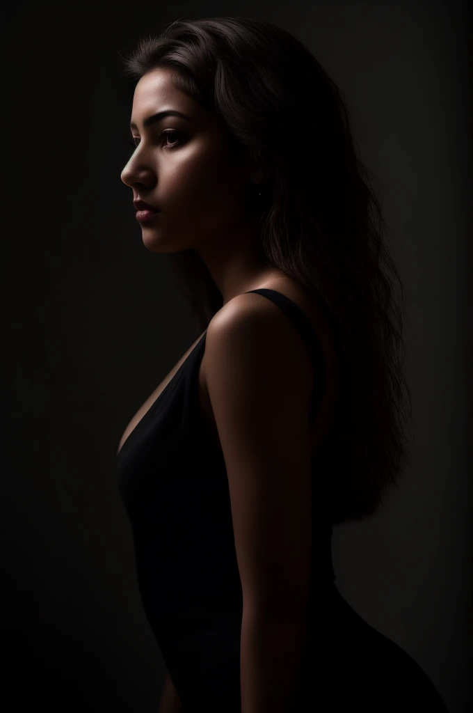 masterpiece portrait of a young woman MelikaForoutan01, profile pose,
sexy pudica pose gesture, looking at viewer chiaroscuro portrait,
matte painting portrait,
dark portrait,
standing in the middle of a black background,
elegant body structure, Two tone lighting, octane, unreal, to8 contrast style, 