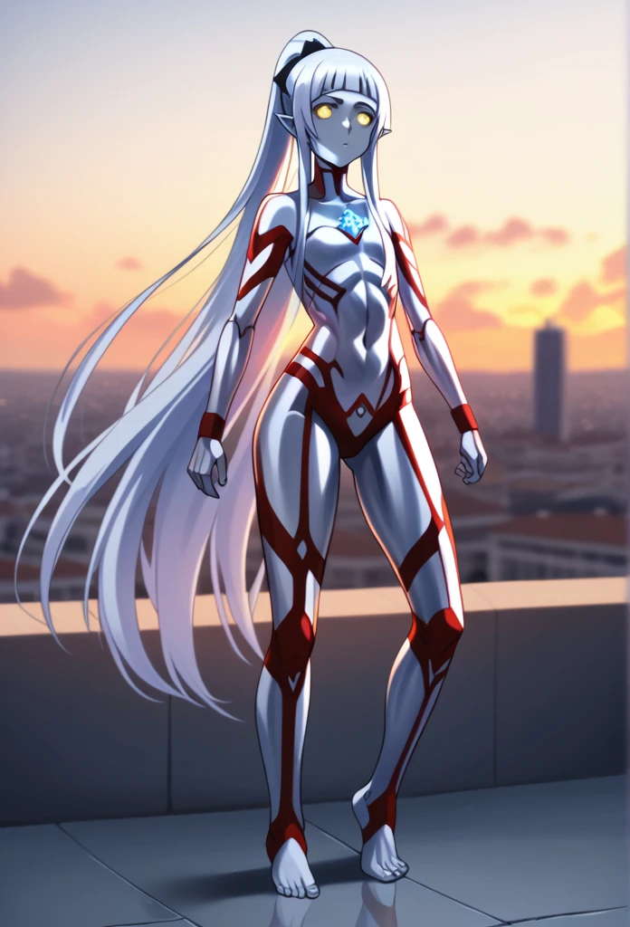 1girl, solo, realistic style, 4k quality, masterpiece, best quality, ultra series, sword art online, ****ta, , yui, long hair, blunt bangs, white hair, very long hair, high ponytail, pointy ears, elf, barefoot, ultragirl, robot, colored skin, glowing eyes, yellow eyes, flat chest, giantess, giant, metallic face, metallic skin, shiny skin, chrome skin, gem on chest, colour timer on chest, chest jewel, blue jewel, muscular, abs, muscular female, Female Bodybuilding Style, ultra beam ( a cross-shape or an L-shape with your arms and firing a beam from your upright arm), thick_thighs, looking at viewer, full body, serious face, closed mouth, standing, giantess, outdoor, city, citycape, skyscraper