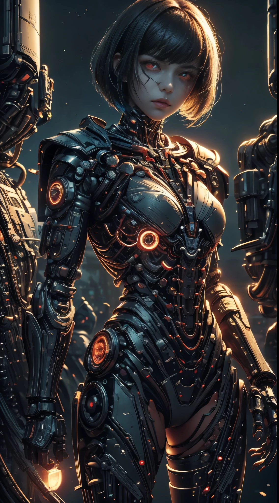 Realistic, perfect masterpiece, high quality, high resolution, highest image quality, 8k hd. 1girl, black bobcut hair, red eyes, glowing eyes, . Cybernetic suit, masks. Night, moon, destuction on the background. Highly detailed background