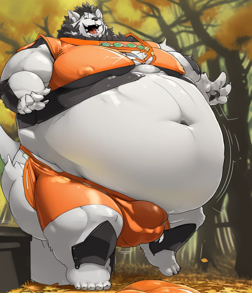 pose, posing, solo, strong, black armor, green rope, orange loincloth, (black shirt:0.382) ,orange tanktop, black paw, grey body, (fangs:1.2), 1 tail, necklace, smile face, open eyes, autumn forest, highly detailed, masterpiece,(best quality), (extreme detailed illustration), good anatomy, (detailed CG), (bright eyes), stomach, abs, belly, (chubby:1), black hairs, barefoot, full body, (white skirt:1.1), orange loincloth, (intricate, high detail, film photography, soft focus, RAW candid cinema, photorealism, realistic, photorealistic, analog style, subsurface scattering, masterpiece, best quality, ultra realistic, 8k), (by canyne khai,by takemoto arashi), (yamato (tamacolle)), 