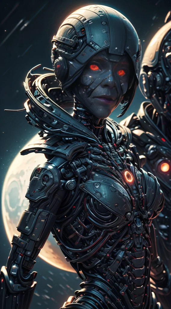 Realistic, perfect masterpiece, high quality, high resolution, highest image quality, 8k hd. 1girl, black bobcut hair, red eyes, glowing eyes, . Cybernetic suit, masks. Night, moon, destuction on the background. Highly detailed background