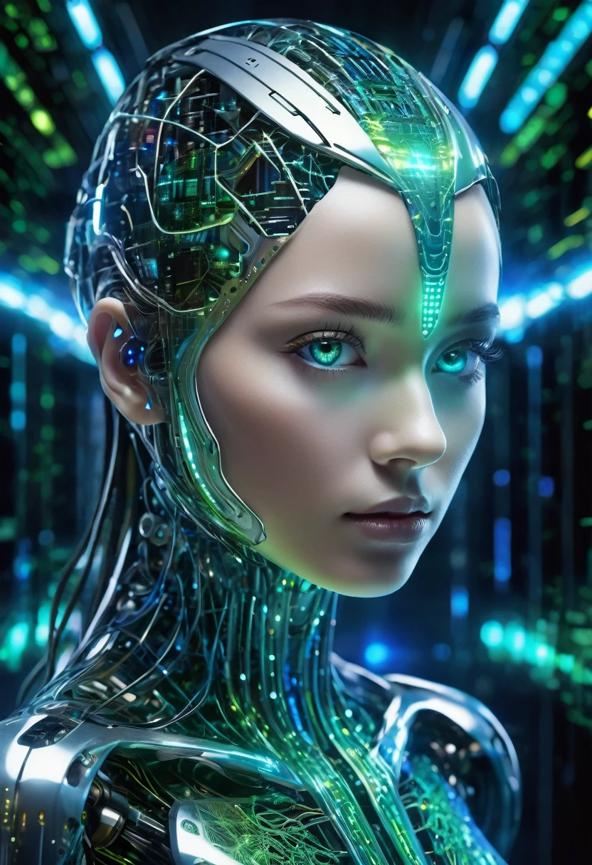 A visual representation of artificial intelligence (AI). The image shows a futuristic humanoid figure with cybernetic and technological elements integrated into its design. The background is a latticework of glowing neural networks and complex circuits, symbolizing the vast data processing capacity. The humanoid figure is composed of metallic and crystalline materials, with lines of blue and green light running through its body, suggesting connections and flow of information. His eyes shine with an intense light, indicating his advanced intelligence. The atmosphere is modern and technological, with a predominantly cold color palette and luminous details that convey a sense of innovation and the future., UHD, retina, masterpiece, accurate, anatomically correct, textured skin, super detail, award winning, 16k