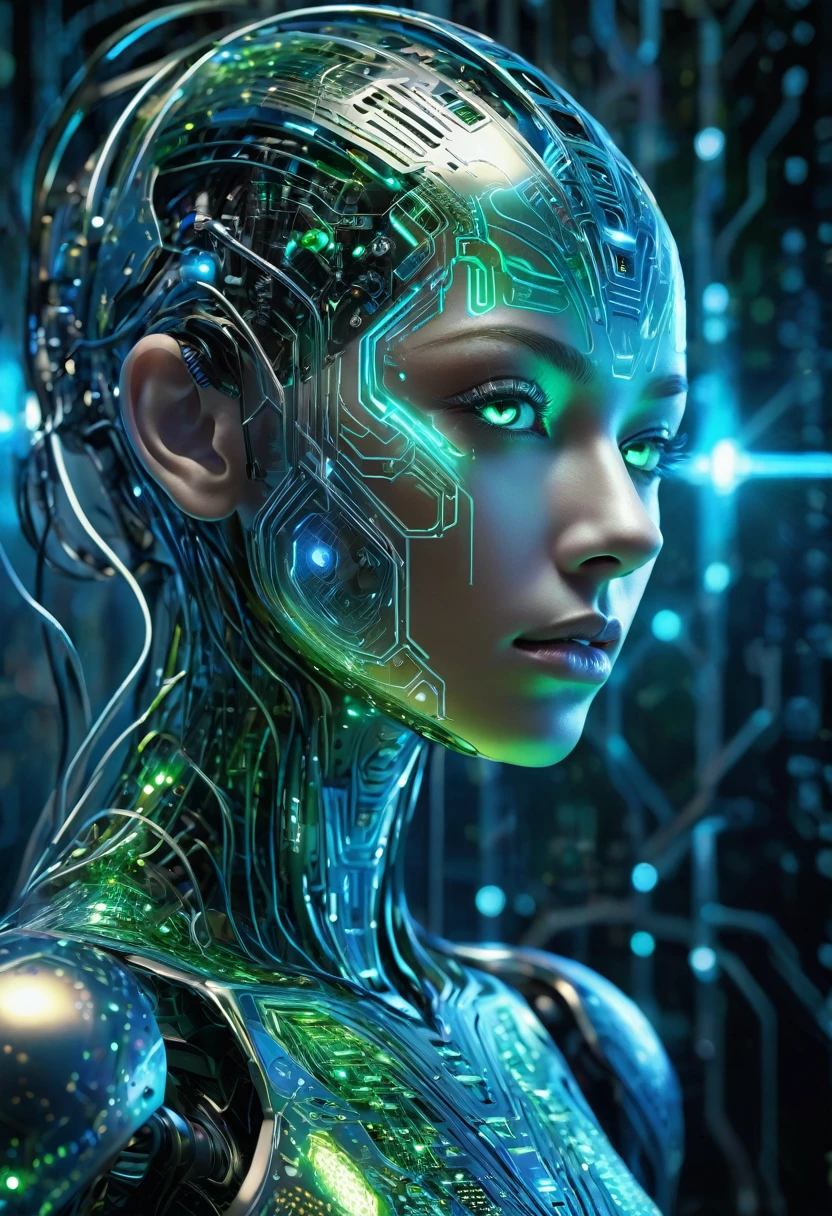 A visual representation of artificial intelligence (AI). The image shows a futuristic humanoid figure with cybernetic and technological elements integrated into its design. The background is a latticework of glowing neural networks and complex circuits, symbolizing the vast data processing capacity. The humanoid figure is composed of metallic and crystalline materials, with lines of blue and green light running through its body, suggesting connections and flow of information. His eyes shine with an intense light, indicating his advanced intelligence. The atmosphere is modern and technological, with a predominantly cold color palette and luminous details that convey a sense of innovation and the future., UHD, retina, masterpiece, accurate, anatomically correct, textured skin, super detail, award winning, 16k
