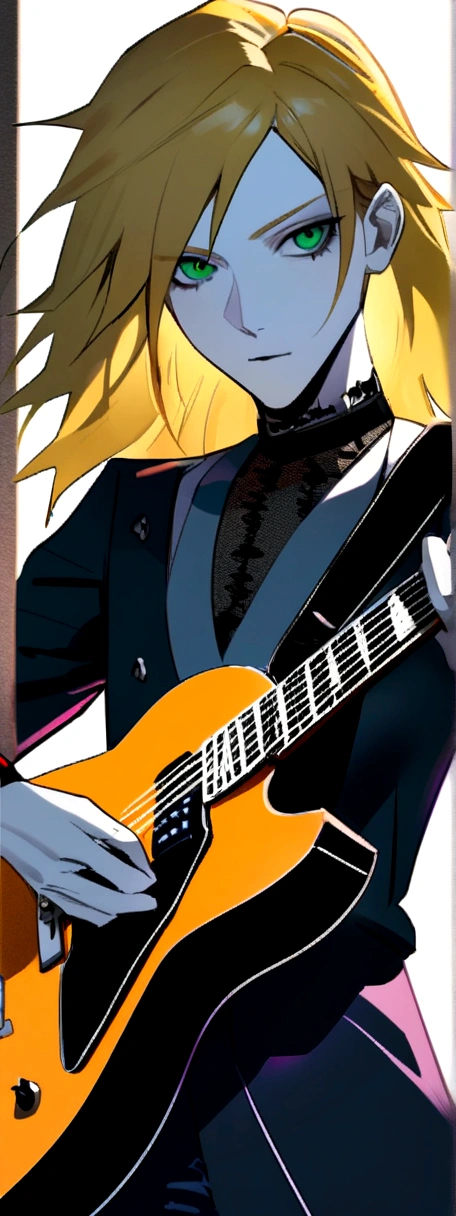 Axel rose,Nice man,White skin,long blonde hair,young,green eyes,Teenage face, Skinny body(Normal) with an electric guitar,in a rock band playing,at a human guitarist concert,realist