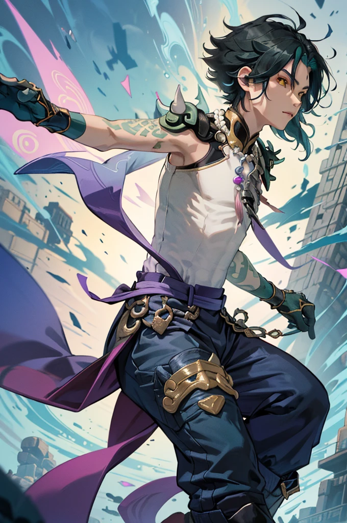 1 adult male solo,xiao \(genshin impact\), 1boy, male focus, short dark teal hair, yellow eyes, white sleeveless shirt, necklace, green tattoo on arm, detached white sleeve, black gloves, wide blue pants, black boots, pink and purple clothes details, black shoulder armor with spikes,