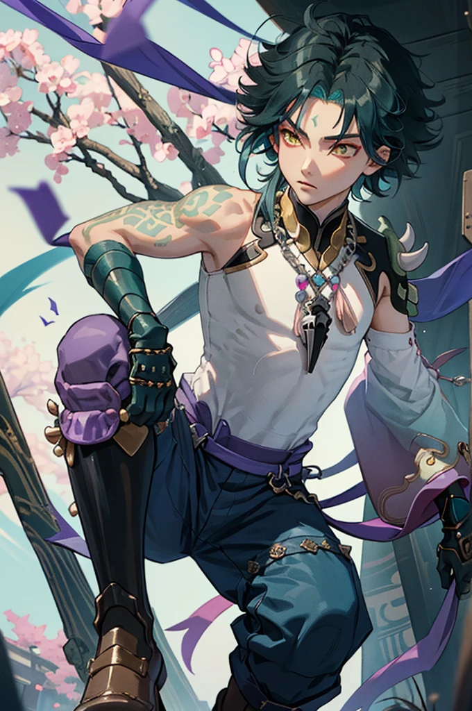 1 adult male solo,xiao \(genshin impact\), 1boy, male focus, short dark teal hair, yellow eyes, white sleeveless shirt, necklace, green tattoo on arm, detached white sleeve, black gloves, wide blue pants, black boots, pink and purple clothes details, black shoulder armor with spikes,