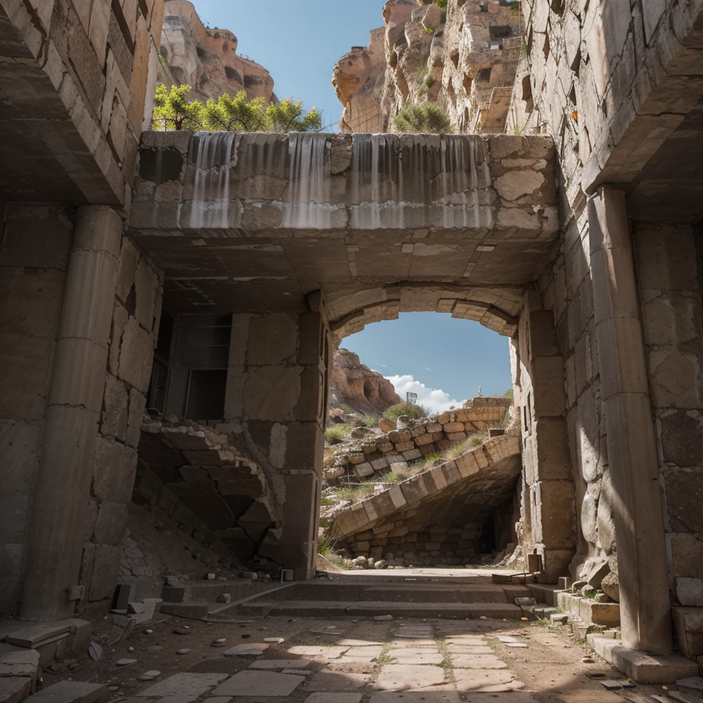 anciant rome forum building build in the rocks on the mountain with modern architecture details, dark gray colors of buildings modern details
