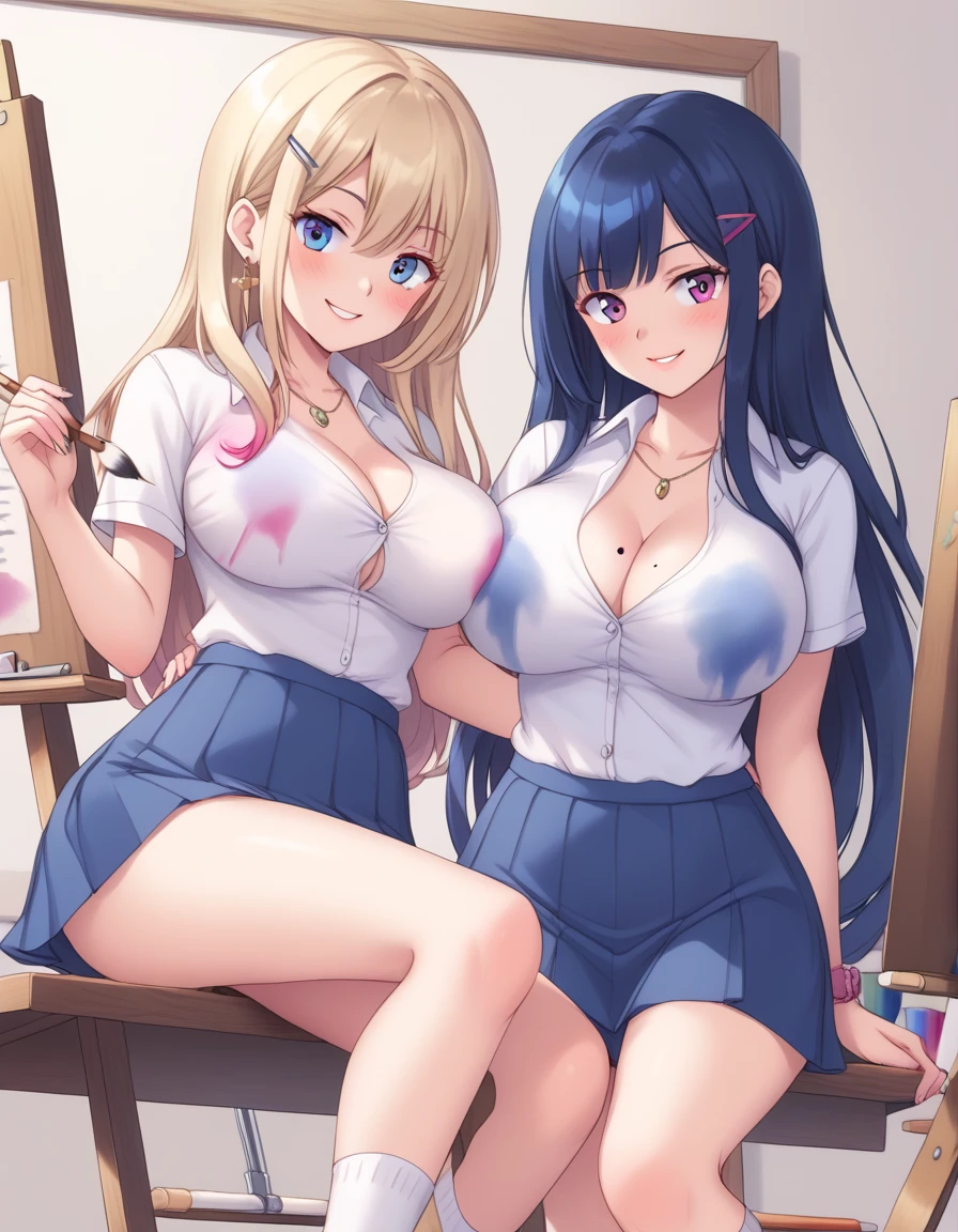 multiple people, 2 girls, art club, easel, paintbrush, big breasts, skirt, shirt,