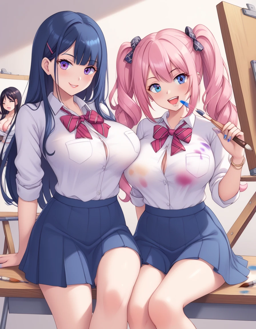 multiple people, 2 girls, art club, easel, paintbrush, big breasts, skirt, shirt,