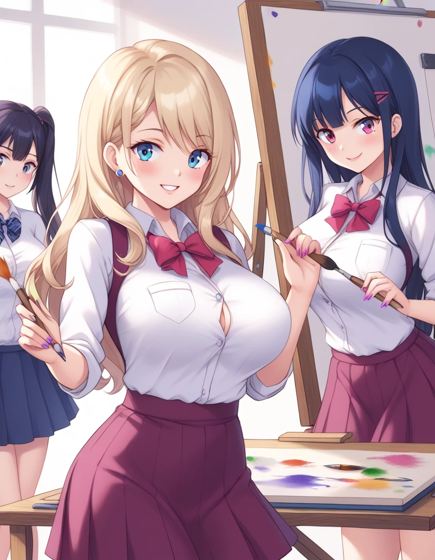 multiple people, 2 girls, art club, easel, paintbrush, big breasts, skirt, shirt,