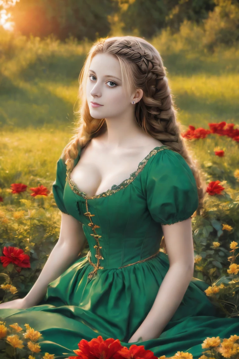 renaissance painting of 1 woman in a field of green plants and flowers, red dress, sunset, warm lighting