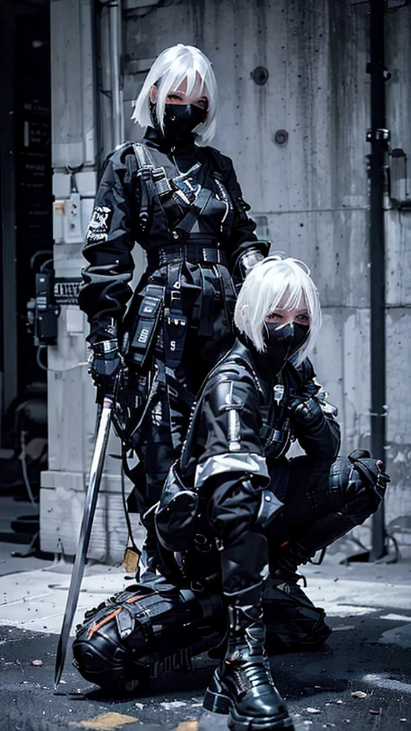 Surreal version of a woman kneeling down on one knee with sword in hand, very beautiful cyberpunk samurai,Sitting on one knee, cyberpunk anime art, cyberpunk samurai, cyberpunk anime art, cyberpunk anime, cgsociety 9, digital cyberpunk anime art, style of maciej kuciara .1girl, samurai armor, devil mask helmet, intricate, detailed ornaments, cold colors, metallic, Egyptian details, details very complex, realistic lighting, trending on social cgs, glowing eyes, facing camera, neon details, surreal details, full body portrait, Japanese atmosphere, lighting global, shadow, octane rendering, 8k, super sharp ta.((Best quality)), ((masterpiece)), (details:1.4), 3D, image of a female cyberpunk beautiful,HDR (High Dynamic Range),Beam Range,NVIDIA RTX,Ultra High Resolution,Unreal 5,Subsurface Scattering,PBR Textures,Post-processing,Anisotropic Filtering,Depth of Field, Maximum clarity and sharpness, Multi-layer textures, Albedo and Reflection maps, Surface shadows, Accurate simulation of light-material interaction, Perfect scaling, Octane rendering, Two-tone lighting Color, Wide Aperture, Low ISO, White Balance, Rule of Thirds, 8K RAW,white hair,