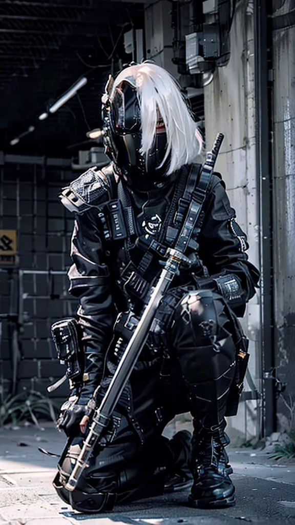 Surreal version of a woman kneeling down on one knee with sword in hand, very beautiful cyberpunk samurai,Sitting on one knee, cyberpunk anime art, cyberpunk samurai, cyberpunk anime art, cyberpunk anime, cgsociety 9, digital cyberpunk anime art, style of maciej kuciara .1girl, samurai armor, devil mask helmet, intricate, detailed ornaments, cold colors, metallic, Egyptian details, details very complex, realistic lighting, trending on social cgs, glowing eyes, facing camera, neon details, surreal details, full body portrait, Japanese atmosphere, lighting global, shadow, octane rendering, 8k, super sharp lolita.((Best quality)), ((masterpiece)), (details:1.4), 3D, image of a female cyberpunk beautiful,HDR (High Dynamic Range),Beam Range,NVIDIA RTX,Ultra High Resolution,Unreal 5,Subsurface Scattering,PBR Textures,Post-processing,Anisotropic Filtering,Depth of Field, Maximum clarity and sharpness, Multi-layer textures, Albedo and Reflection maps, Surface shadows, Accurate simulation of light-material interaction, Perfect scaling, Octane rendering, Two-tone lighting Color, Wide Aperture, Low ISO, White Balance, Rule of Thirds, 8K RAW,white hair,