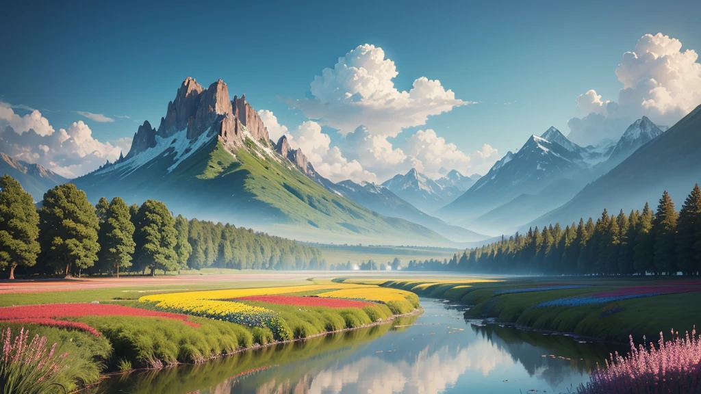 ((masterpiece, best quality, Movie, Reality, Extremely detailed)), A field full of colors, Energetic, and various flowering plants, The background should have a clear, Endless blue sky, There are majestic mountains on the horizon and trees in the distance, more than, Fluffy clouds add a touch of drama to the scene, In the foreground, A clear river meanders through the fields, Reflecting the beauty of plants and the vastness of the sky