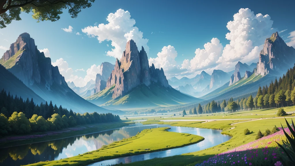((masterpiece, best quality, Movie, Reality, Extremely detailed)), A field full of colors, Energetic, and various flowering plants, The background should have a clear, Endless blue sky, There are majestic mountains on the horizon and trees in the distance, more than, Fluffy clouds add a touch of drama to the scene, In the foreground, A clear river meanders through the fields, Reflecting the beauty of plants and the vastness of the sky